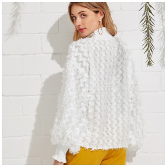 Eggshell White Feather Textured Mock Neck Top - Picture 3 of 6